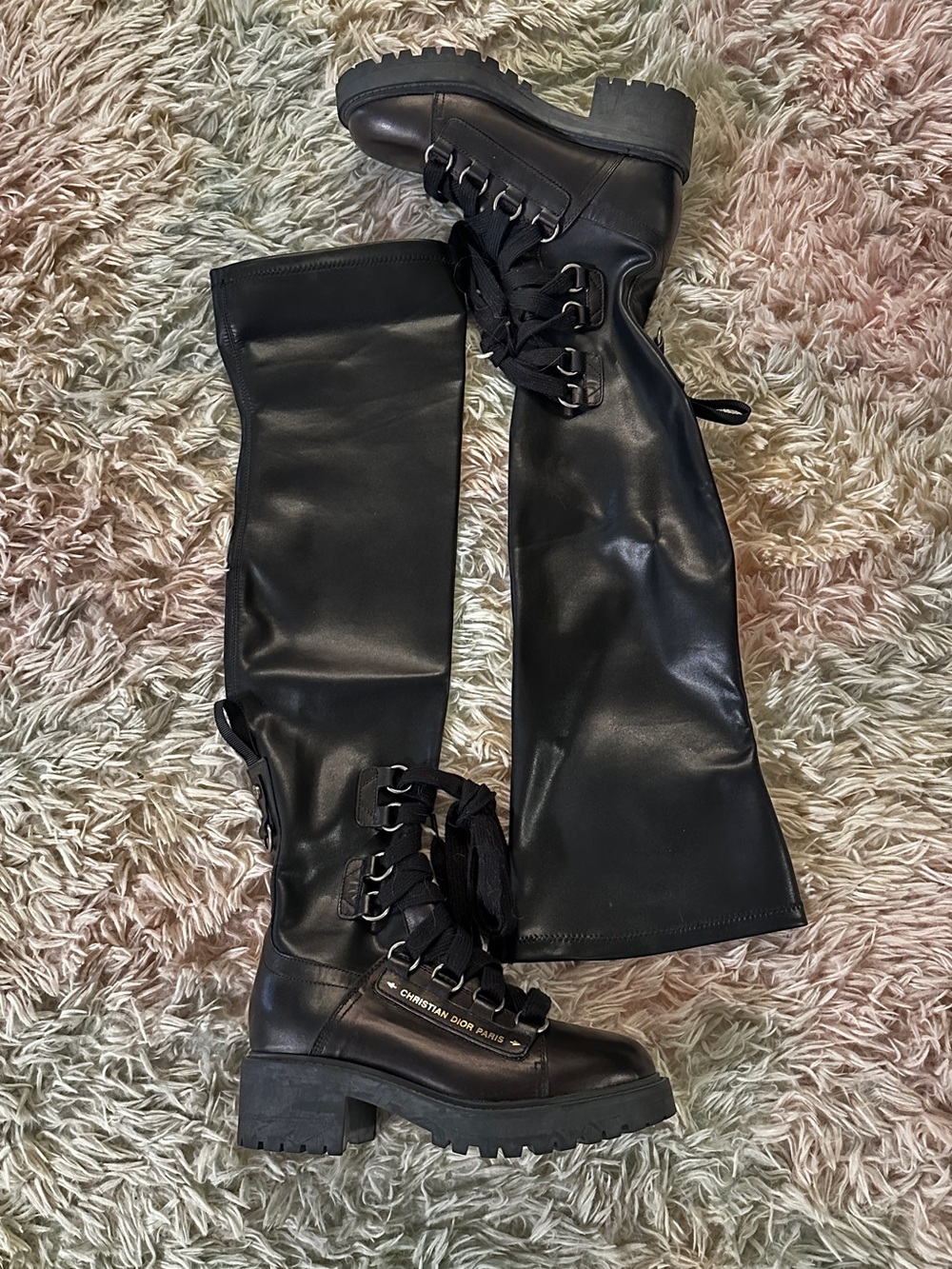 New Dior Over The Knee Lug Sole Black Leather Combat Boots Size 38 - Picture 3 of 8